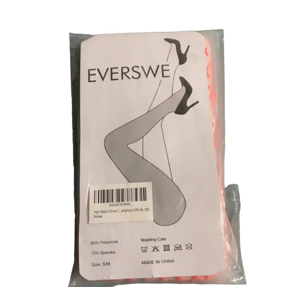 Everswe 2 pair Neon Orange Fish Net Pantyhose High Waist Halloween Stockings